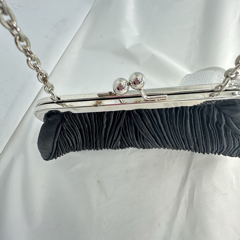 White House Black Market Pleated Satin  Pouch Purse Gem Snap Black Evening Bag - Picture 6 of 7